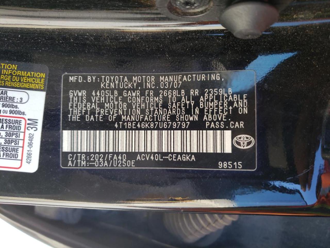 Photo 10 from auction – 2007 TOYOTA CAMRY CE with VIN 4T1BE46K87U679797