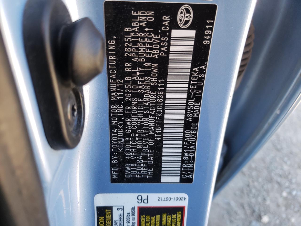 Photo 10 from auction – 2012 TOYOTA CAMRY BASE with VIN 4T1BF1FK0CU636111