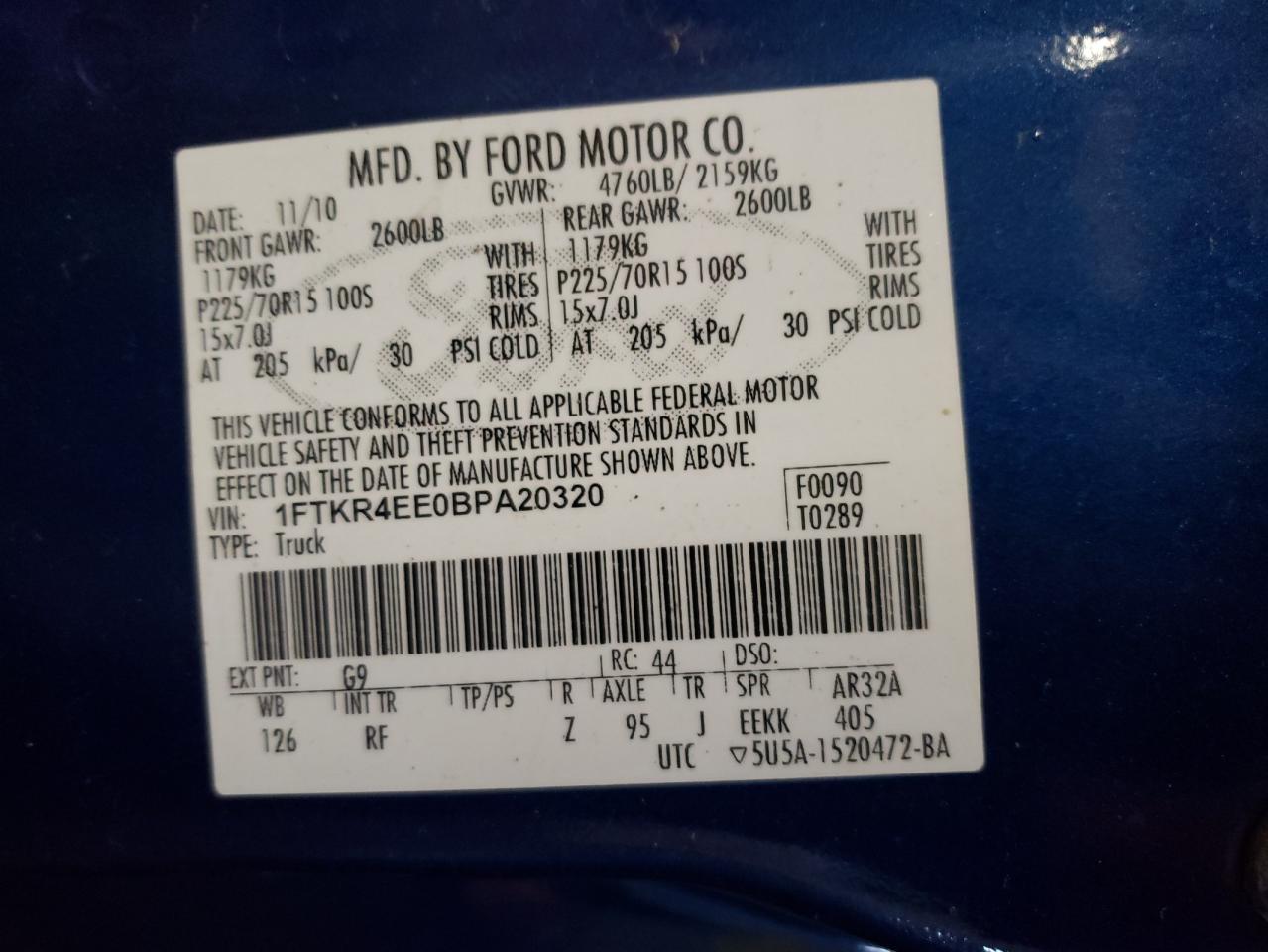 Фото 10 с аукциона – 2011 FORD RANGER SUP с VIN 1FTKR4EE0BPA20320