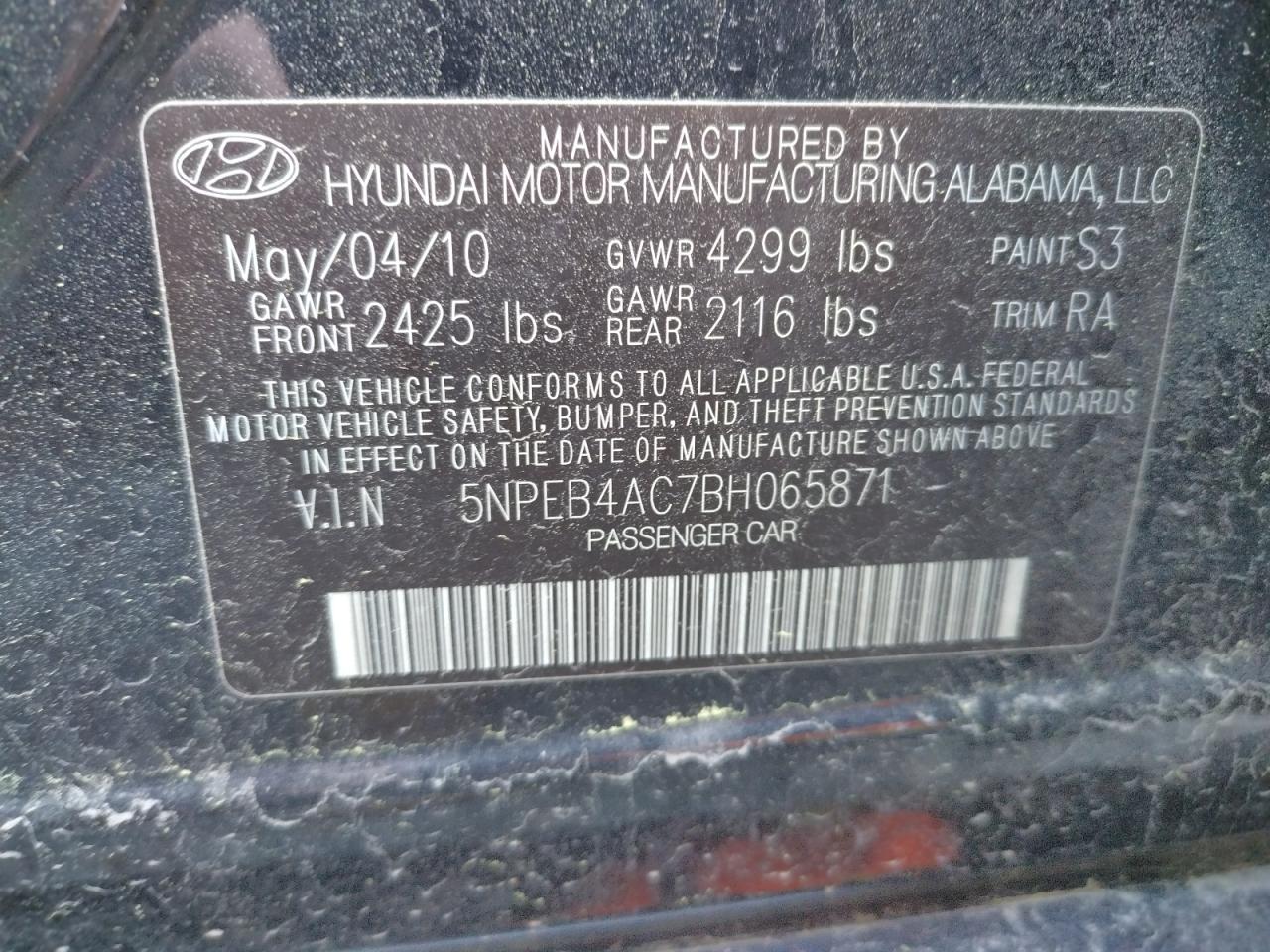 Photo 10 from auction – 2011 HYUNDAI SONATA GLS with VIN 5NPEB4AC7BH065871