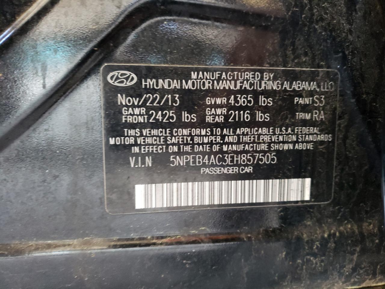 Photo 10 from auction – 2014 HYUNDAI SONATA GLS with VIN 5NPEB4AC3EH857505