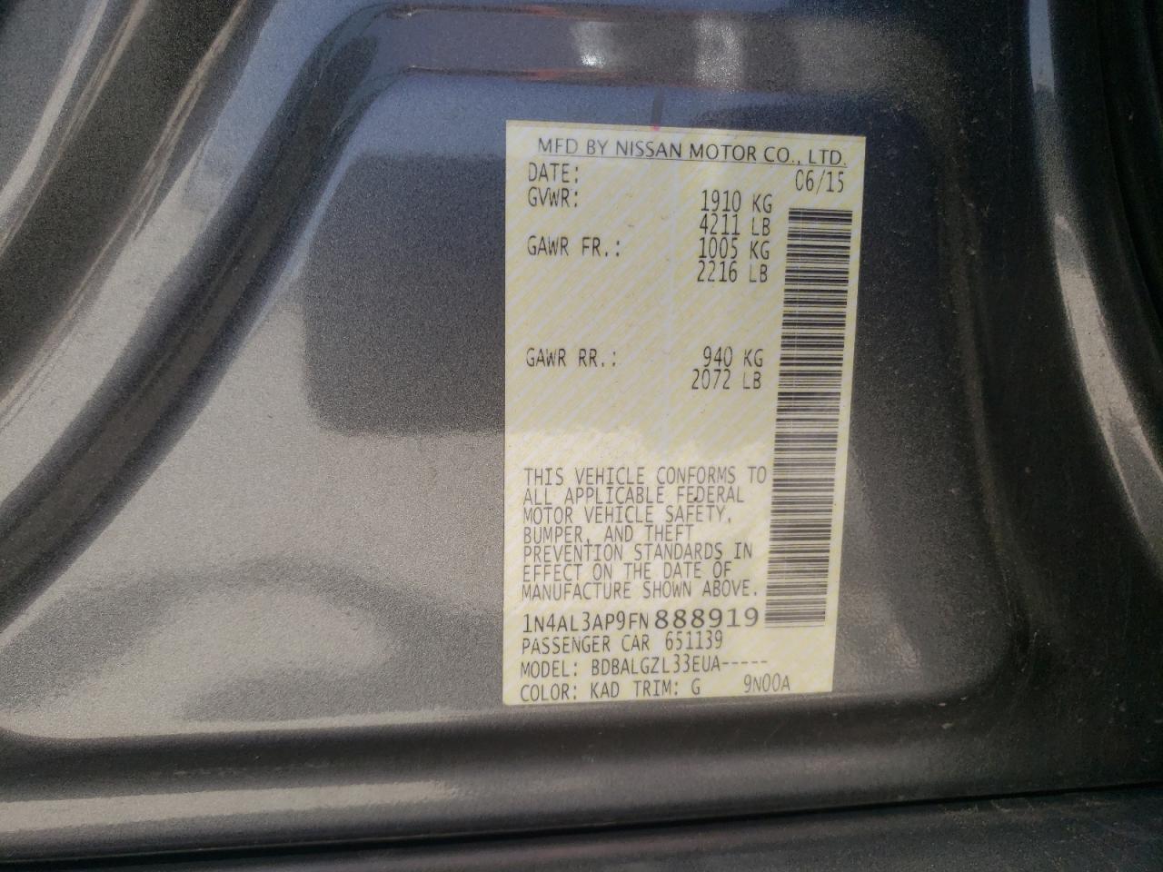 Photo 10 from auction – 2015 NISSAN ALTIMA 2.5 with VIN 1N4AL3AP9FN888919