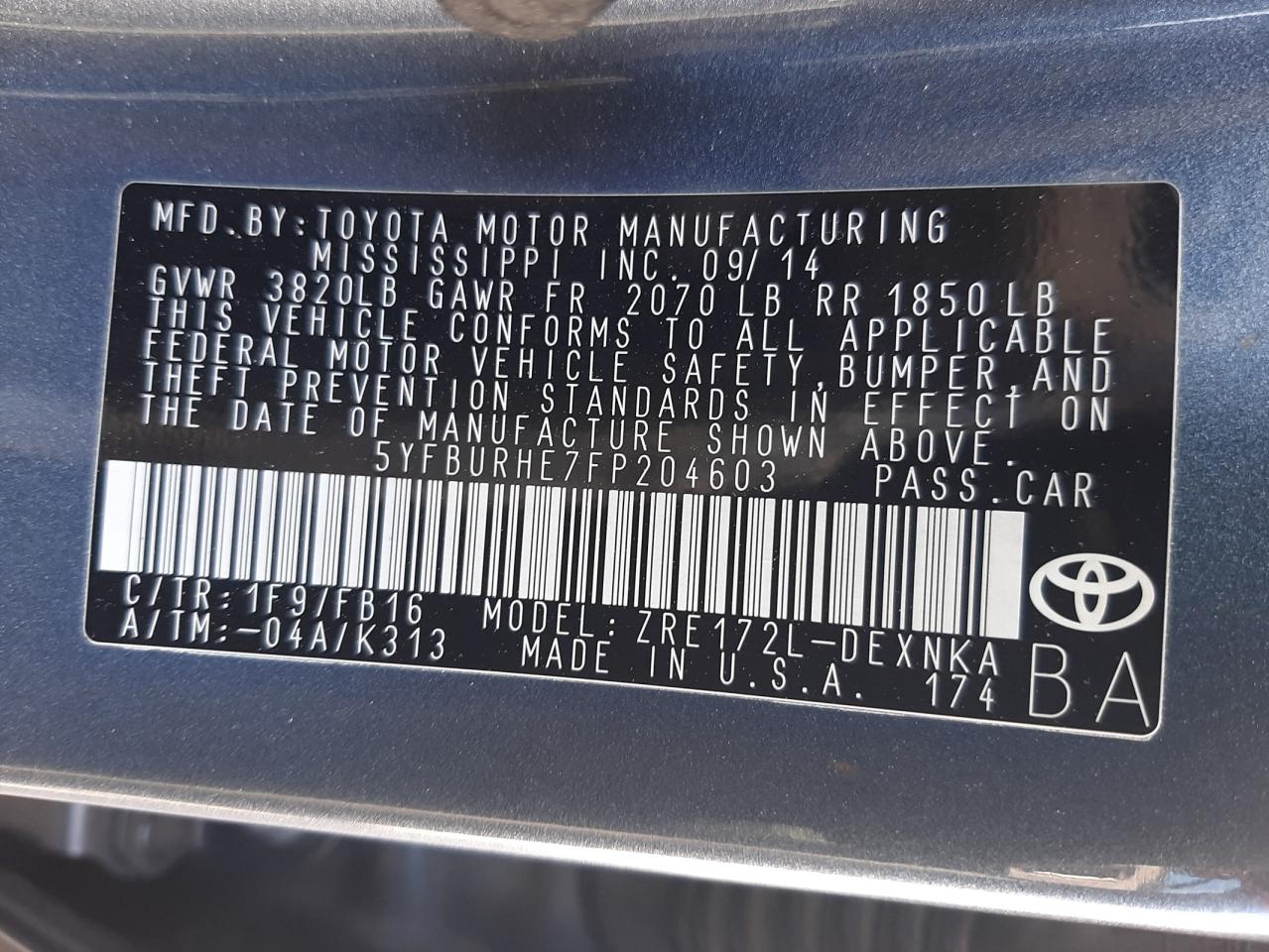 Photo 10 from auction – 2015 TOYOTA COROLLA L with VIN 5YFBURHE7FP204603