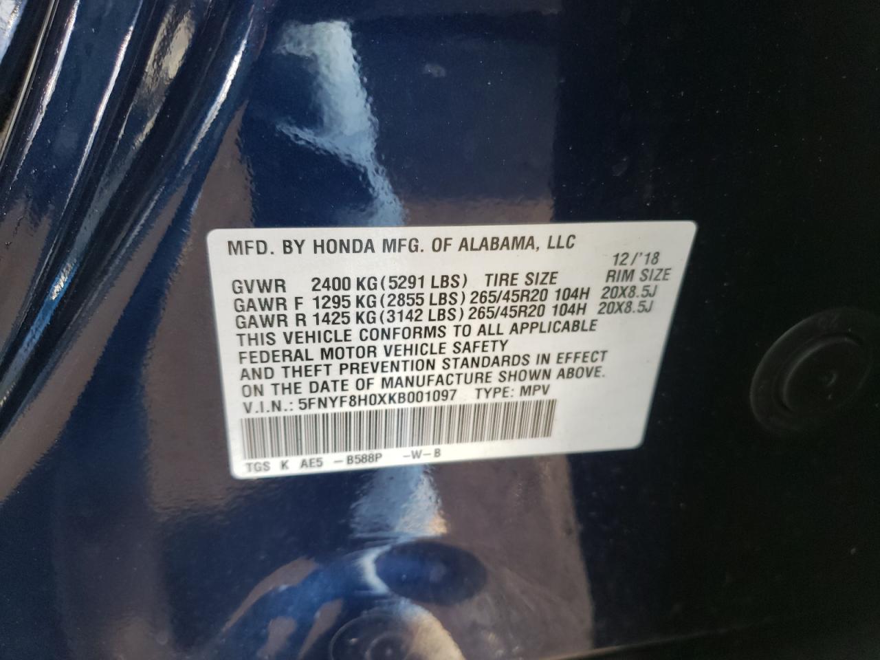 Photo 10 from auction – 2019 HONDA PASSPORT E with VIN 5FNYF8H0XKB001097