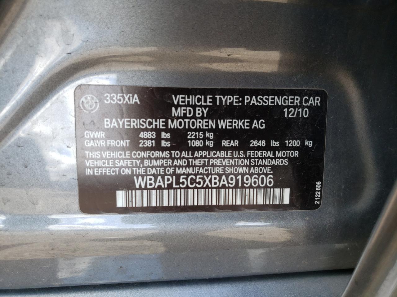 Photo 10 from auction – 2011 BMW 335 XI with VIN WBAPL5C5XBA919606