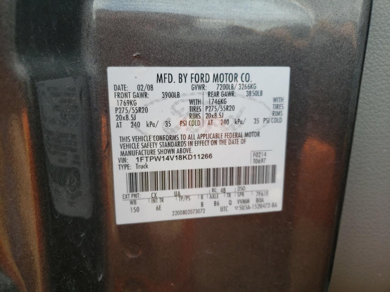 Photo 10 from auction – 2008 FORD F150 SUPER with VIN 1FTPW14V18KD11266
