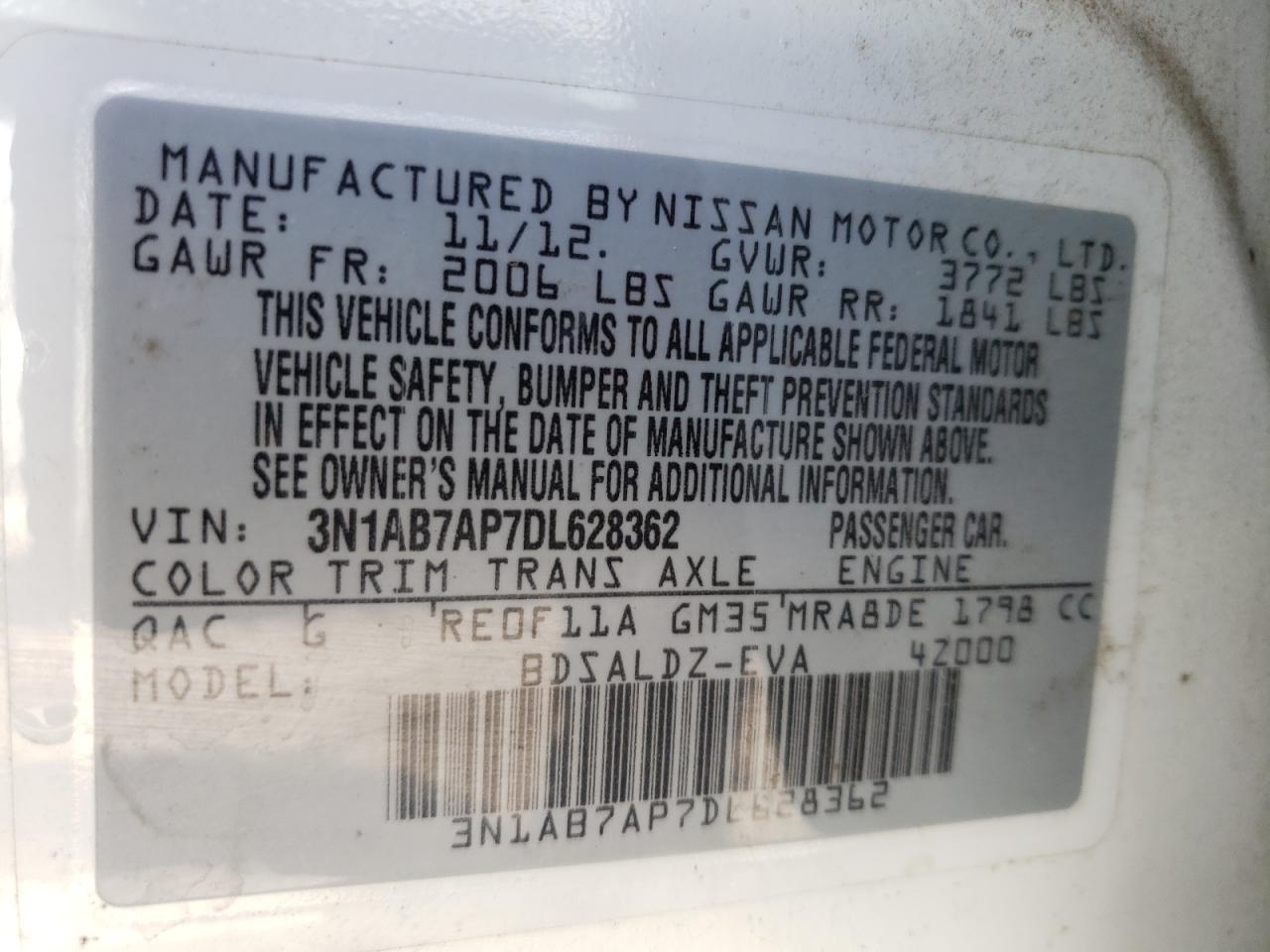 Photo 10 from auction – 2013 NISSAN SENTRA S with VIN 3N1AB7AP7DL628362