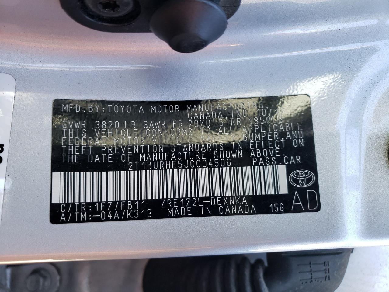 Photo 10 from auction – 2018 TOYOTA COROLLA L with VIN 2T1BURHE5JC004506