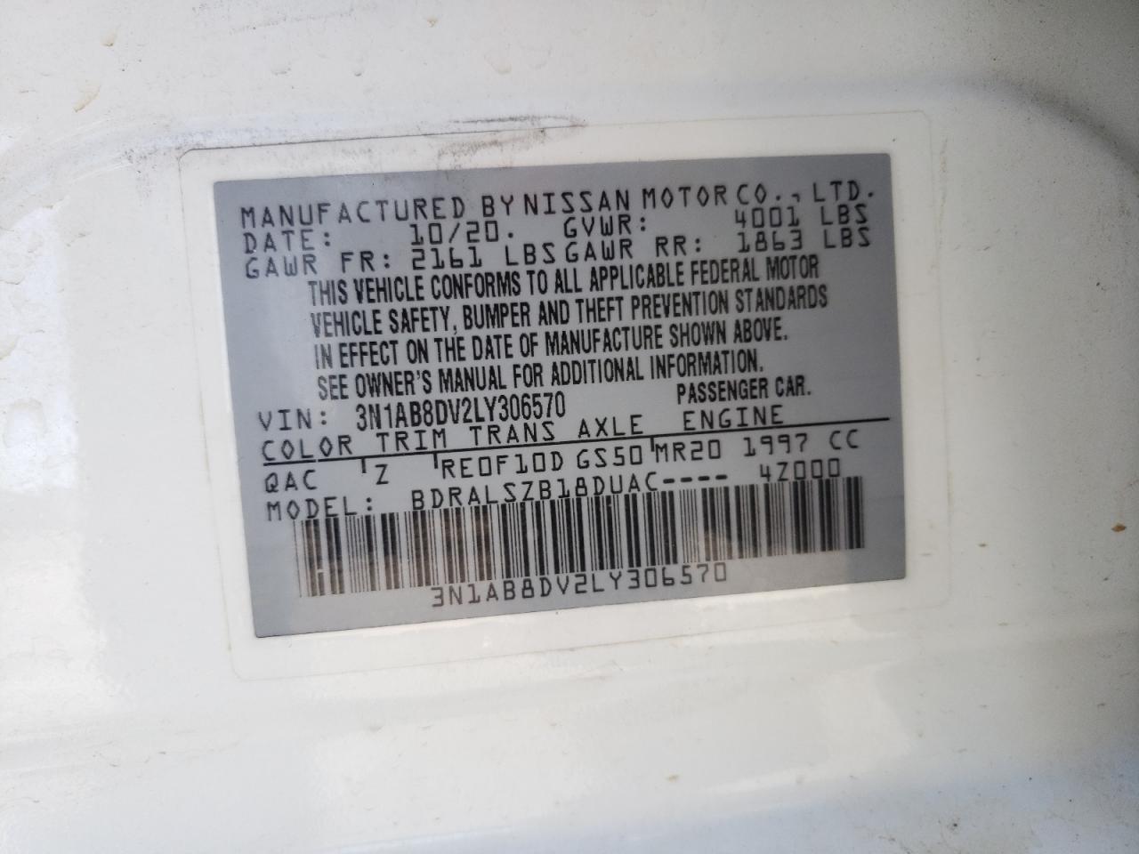 Photo 10 from auction – 2020 NISSAN SENTRA SR with VIN 3N1AB8DV2LY306570