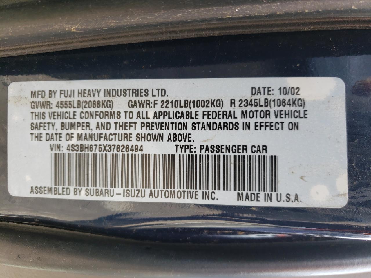 Photo 10 from auction – 2003 SUBARU LEGACY OUT with VIN 4S3BH675X37626494
