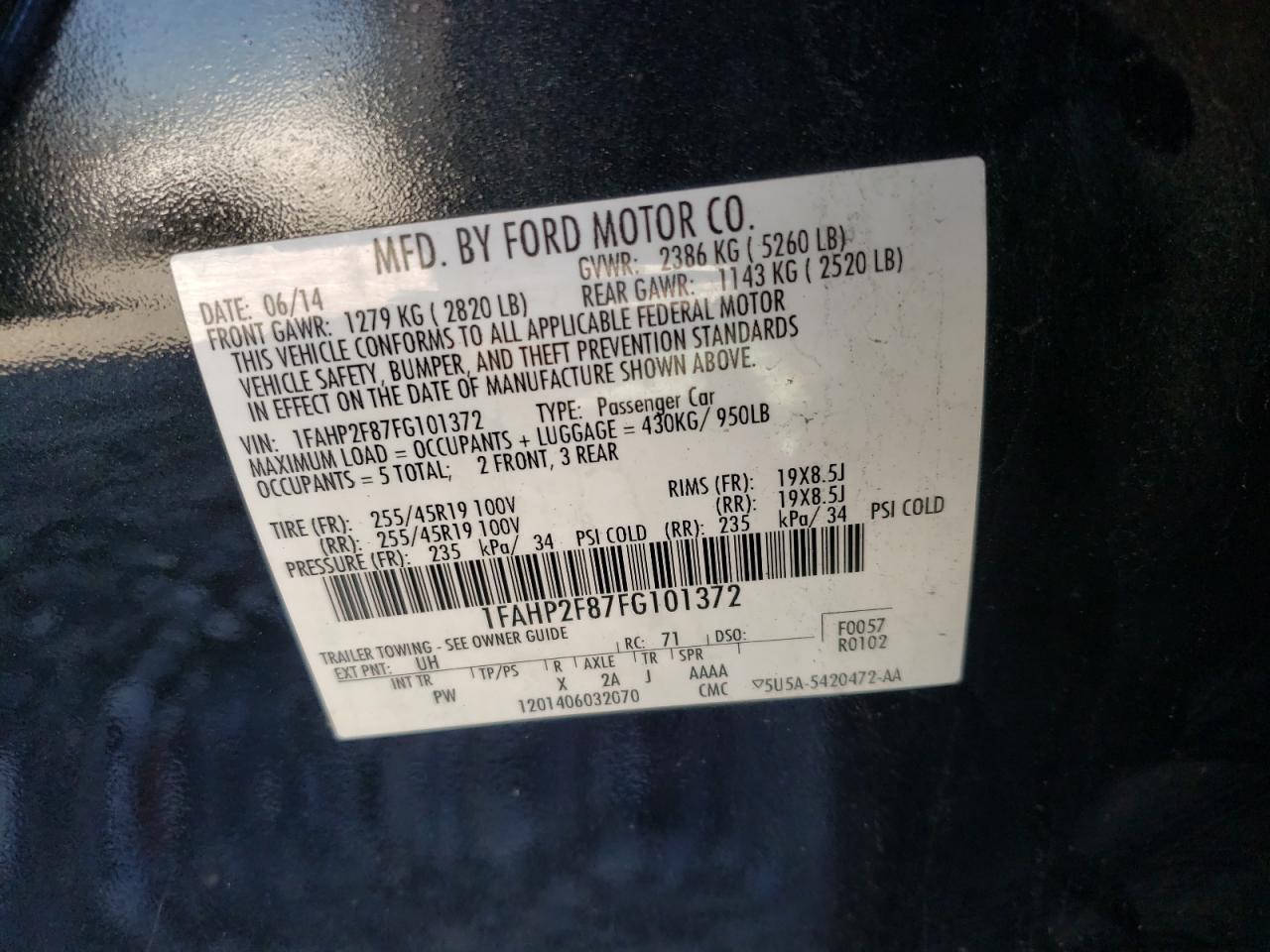 Photo 10 from auction – 2015 FORD TAURUS LIM with VIN 1FAHP2F87FG101372