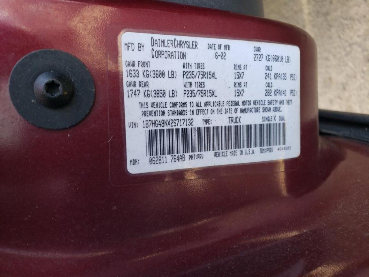 Photo 10 from auction – 2002 DODGE DAKOTA QUA with VIN 1B7HG48NX2S717132