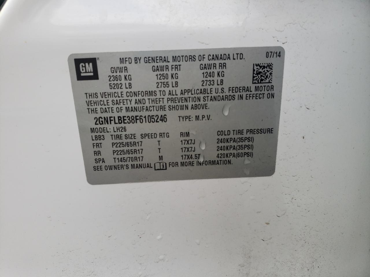 Zdjęcie 10 z aukcji – 2015 CHEVROLET EQUINOX LT z VIN 2GNFLBE38F6105246