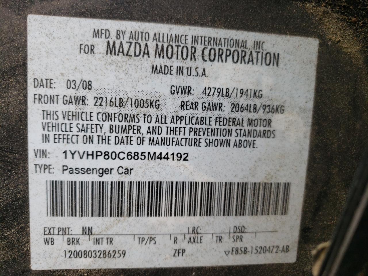 Photo 10 from auction – 2008 MAZDA 6 I with VIN 1YVHP80C685M44192