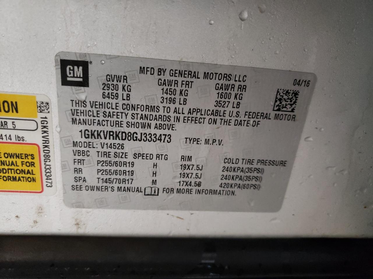 Photo 10 from auction – 2016 GMC ACADIA SLT with VIN 1GKKVRKD8GJ333473