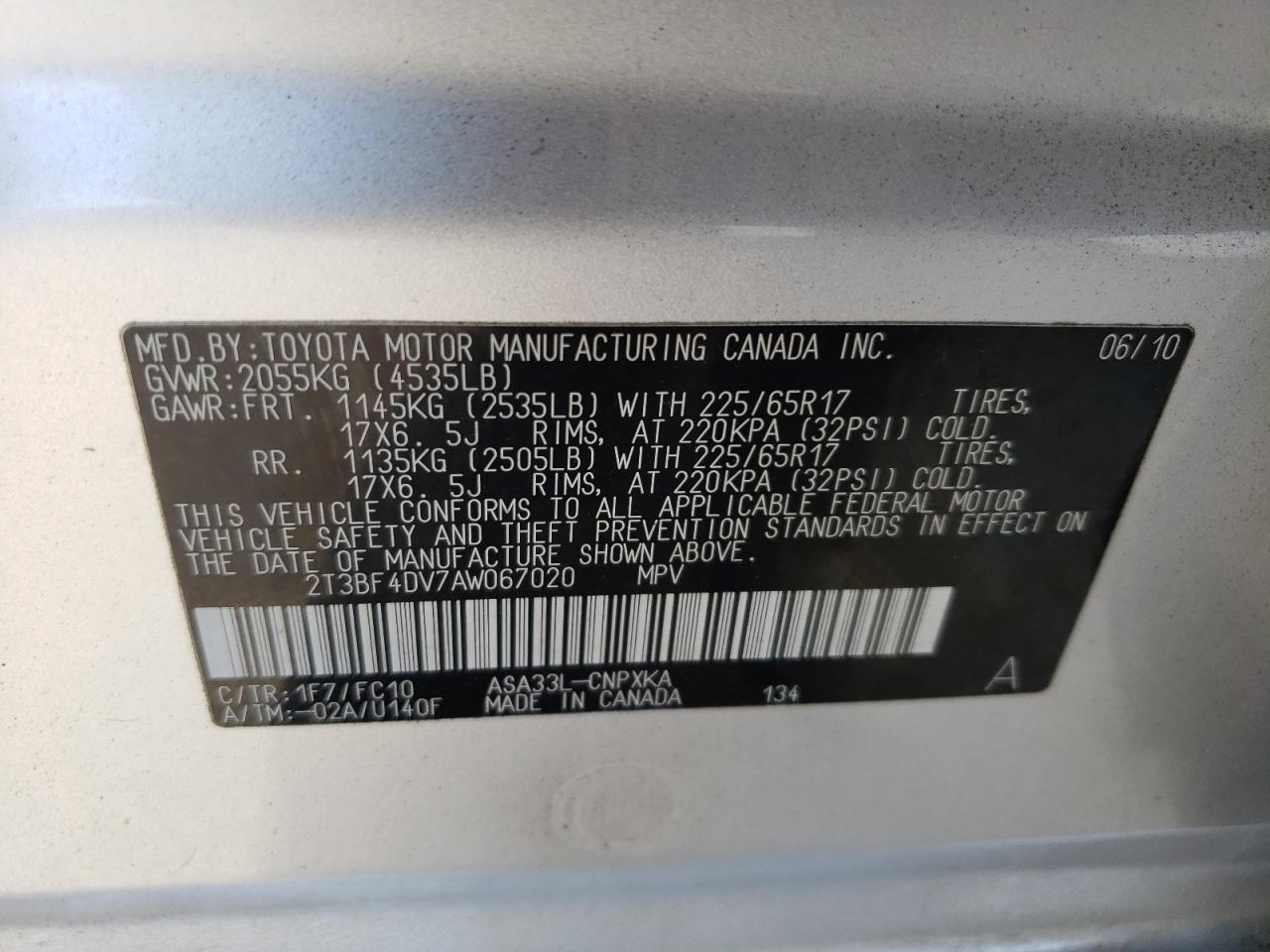 Photo 10 from auction – 2010 TOYOTA RAV4 with VIN 2T3BF4DV7AW067020