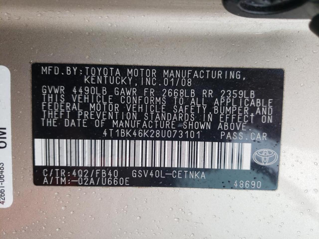 Photo 10 from auction – 2008 TOYOTA CAMRY LE with VIN 4T1BK46K28U073101