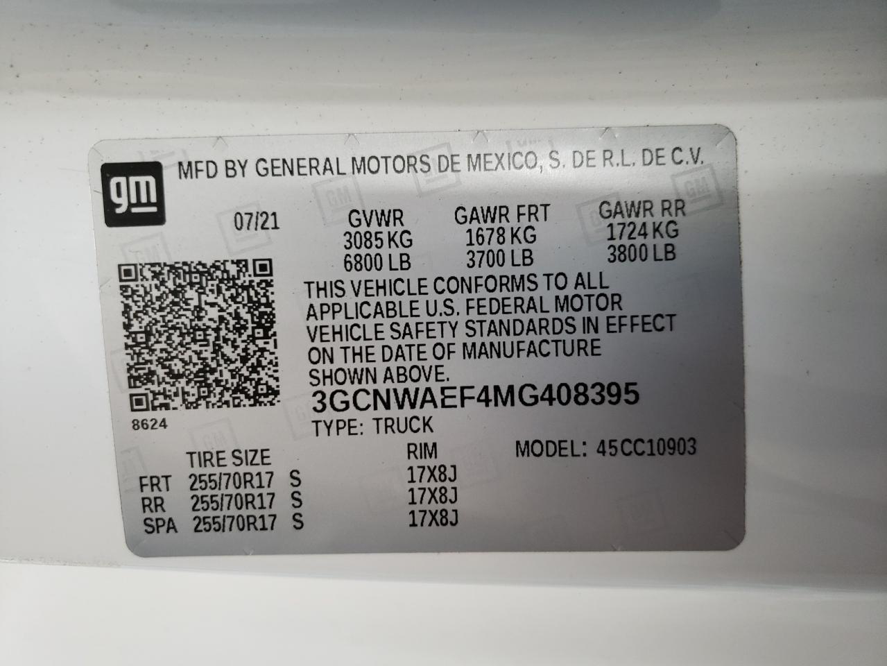 Photo 10 from auction – 2021 CHEVROLET SILVERADO with VIN 3GCNWAEF4MG408395