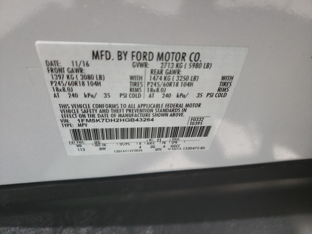 Photo 10 from auction – 2017 FORD EXPLORER X with VIN 1FM5K7DH2HGB43264