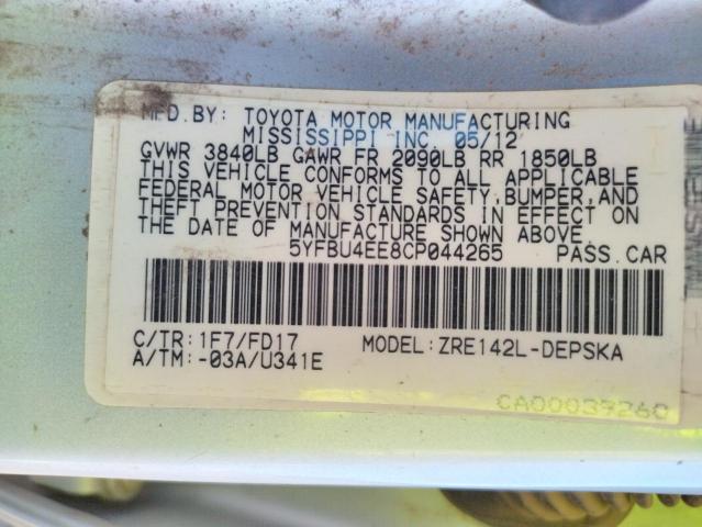Photo 10 from auction – 2012 TOYOTA COROLLA BA with VIN 5YFBU4EE8CP044265