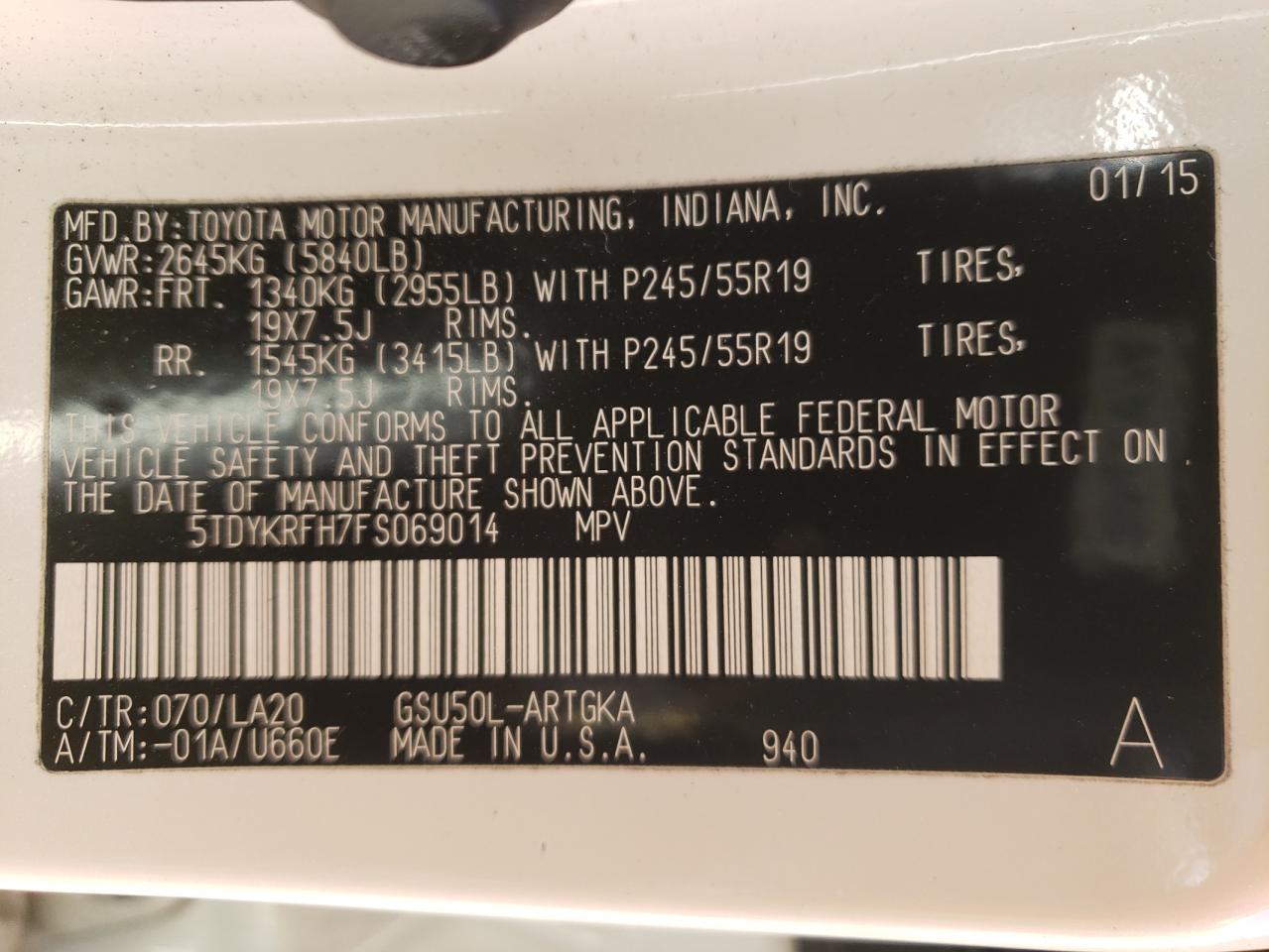 Photo 10 from auction – 2015 TOYOTA HIGHLANDER with VIN 5TDYKRFH7FS069014