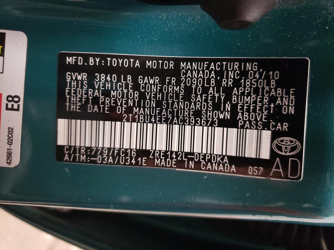 Photo 10 from auction – 2010 TOYOTA COROLLA LE with VIN 2T1BU4EE7AC393673