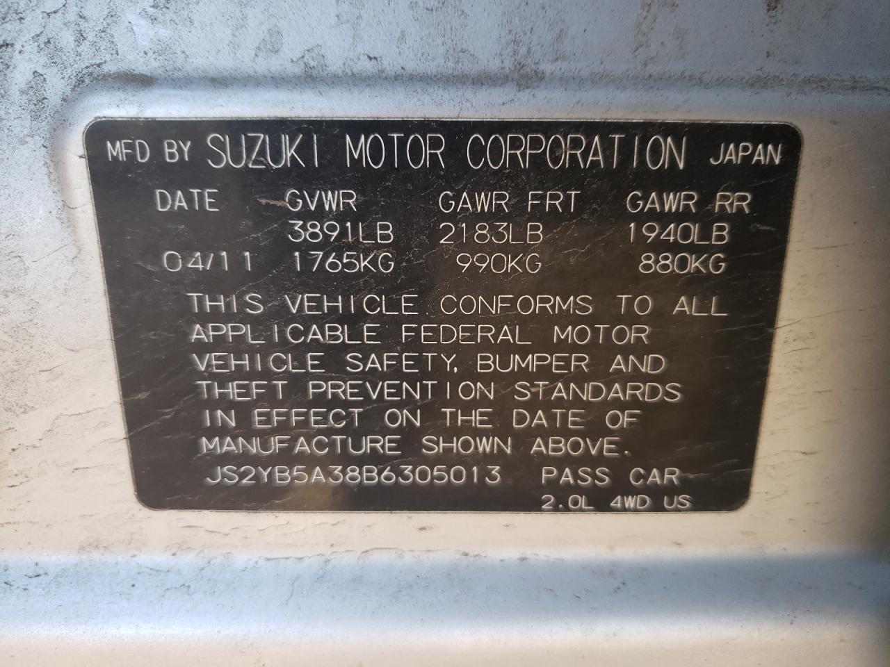 Photo 10 from auction – 2011 SUZUKI SX4 with VIN JS2YB5A38B6305013