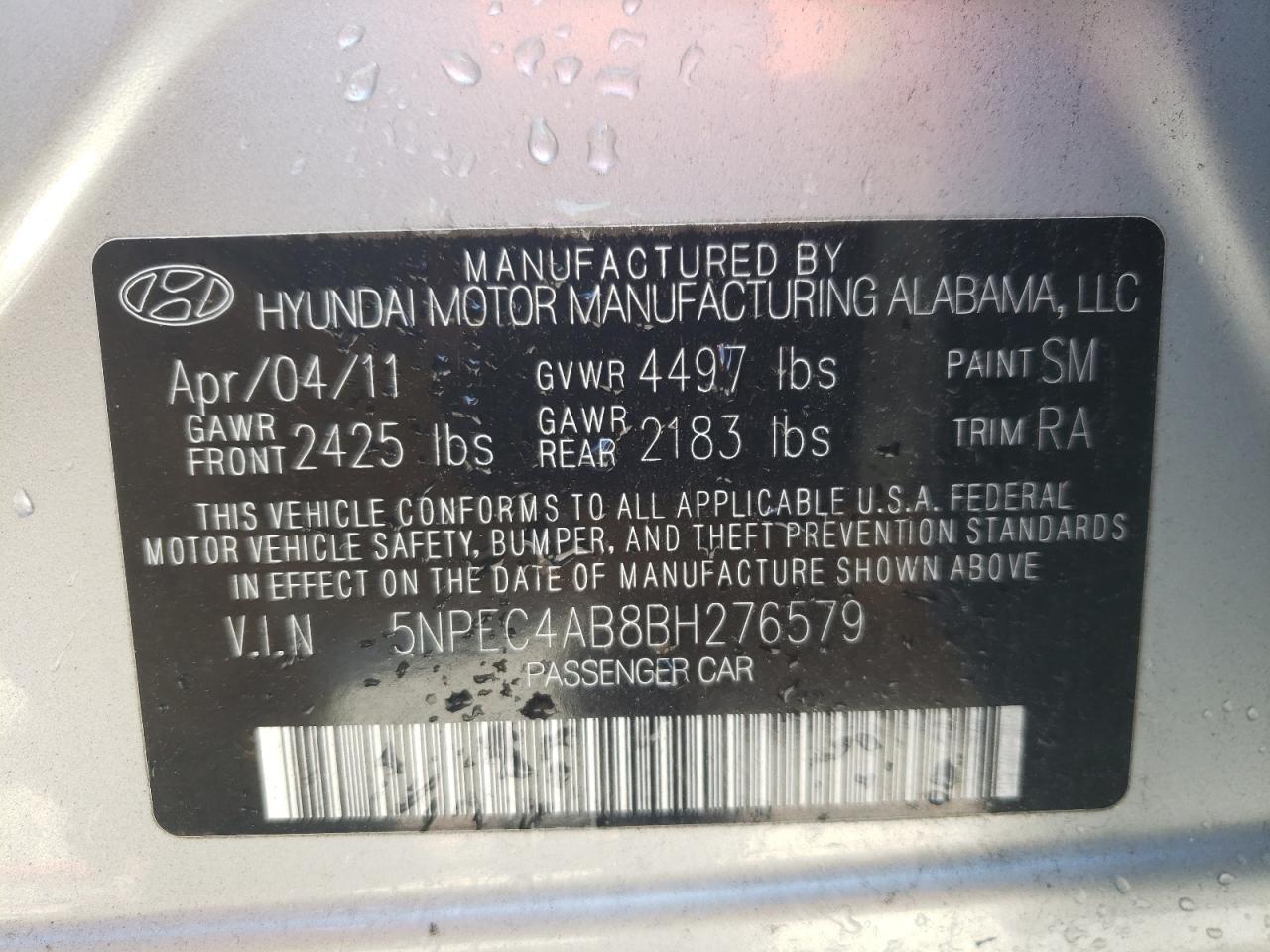 Photo 10 from auction – 2011 HYUNDAI SONATA SE with VIN 5NPEC4AB8BH276579