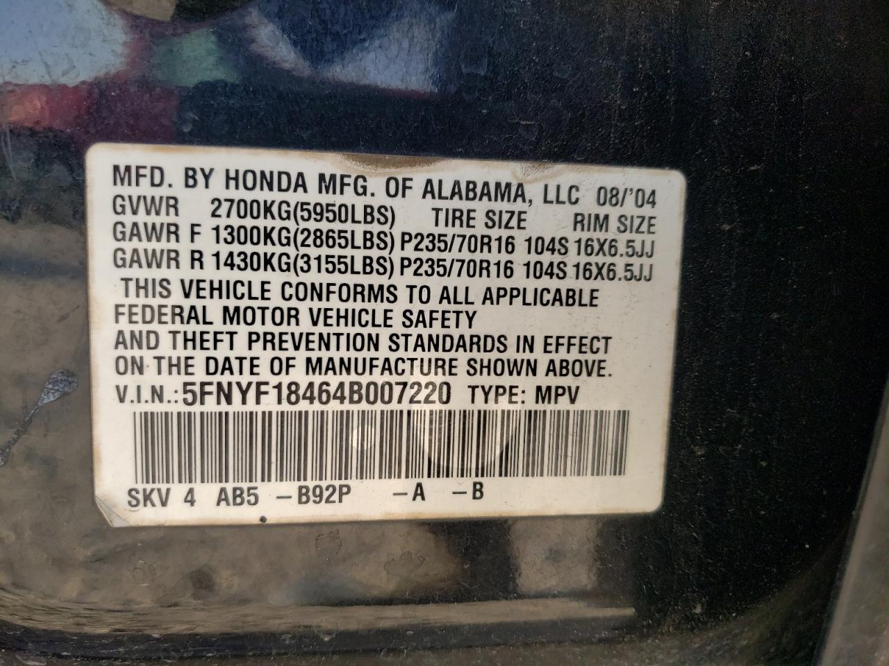 Photo 10 from auction – 2004 HONDA PILOT EX with VIN 5FNYF18464B007220