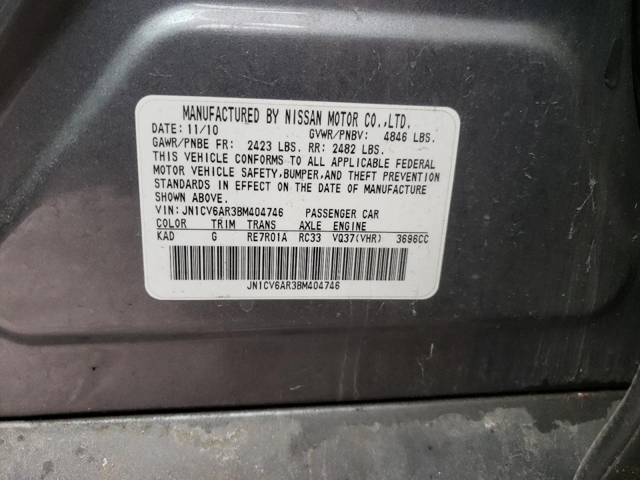 Photo 10 from auction – 2011 INFINITI G37 with VIN JN1CV6AR3BM404746