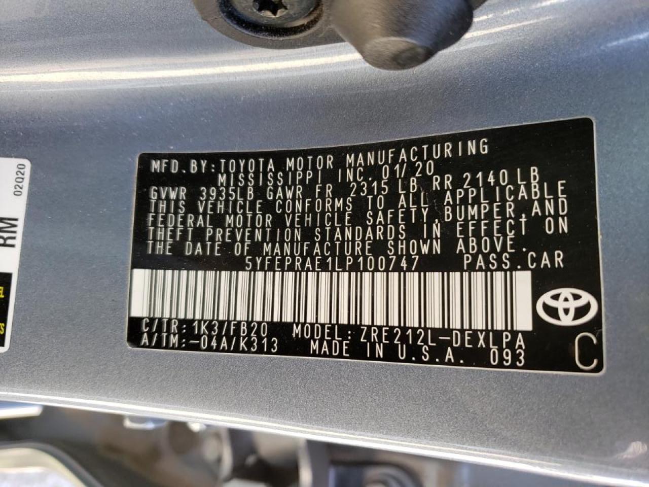 Photo 10 from auction – 2020 TOYOTA COROLLA LE with VIN 5YFEPRAE1LP100747