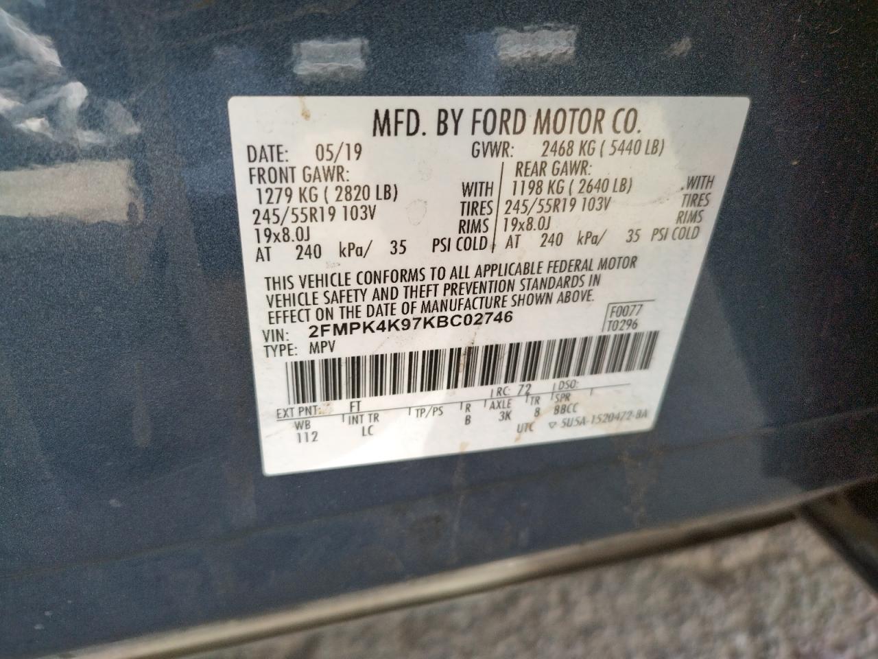 Photo 10 from auction – 2019 FORD EDGE TITAN with VIN 2FMPK4K97KBC02746