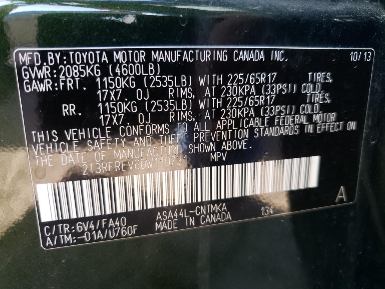 Photo 10 from auction – 2013 TOYOTA RAV4 XLE with VIN 2T3RFREV6DW110731