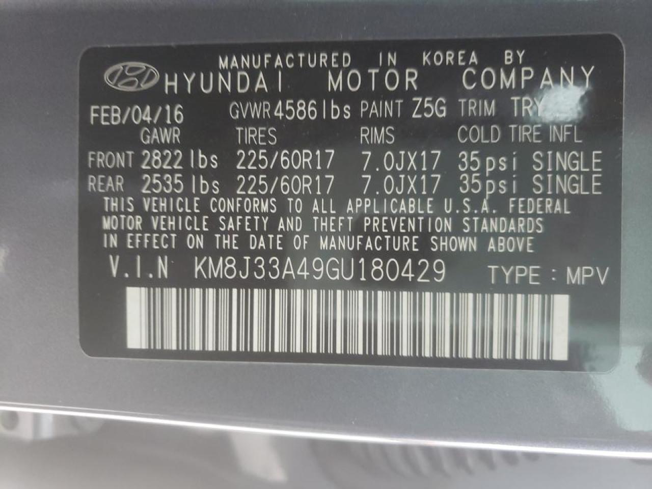 Photo 10 from auction – 2016 HYUNDAI TUCSON LIM with VIN KM8J33A49GU180429