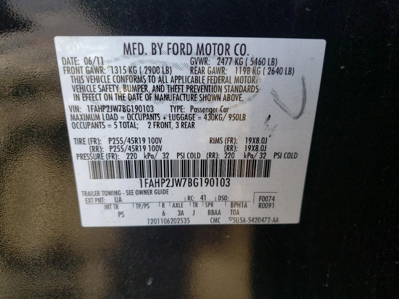 Photo 10 from auction – 2011 FORD TAURUS LIM with VIN 1FAHP2JW7BG190103