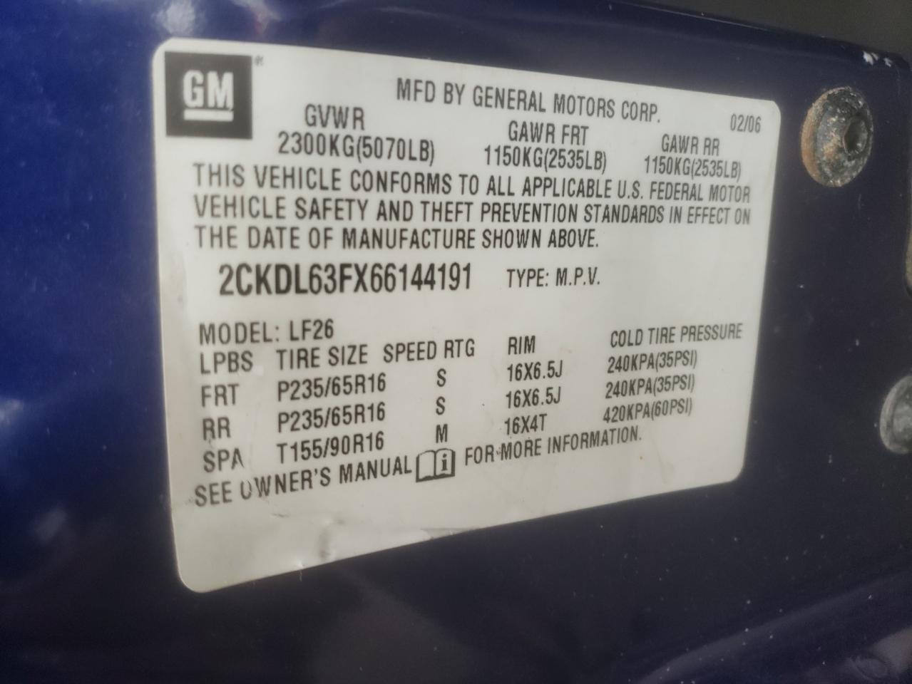 Photo 10 from auction – 2006 PONTIAC TORRENT with VIN 2CKDL63FX66144191