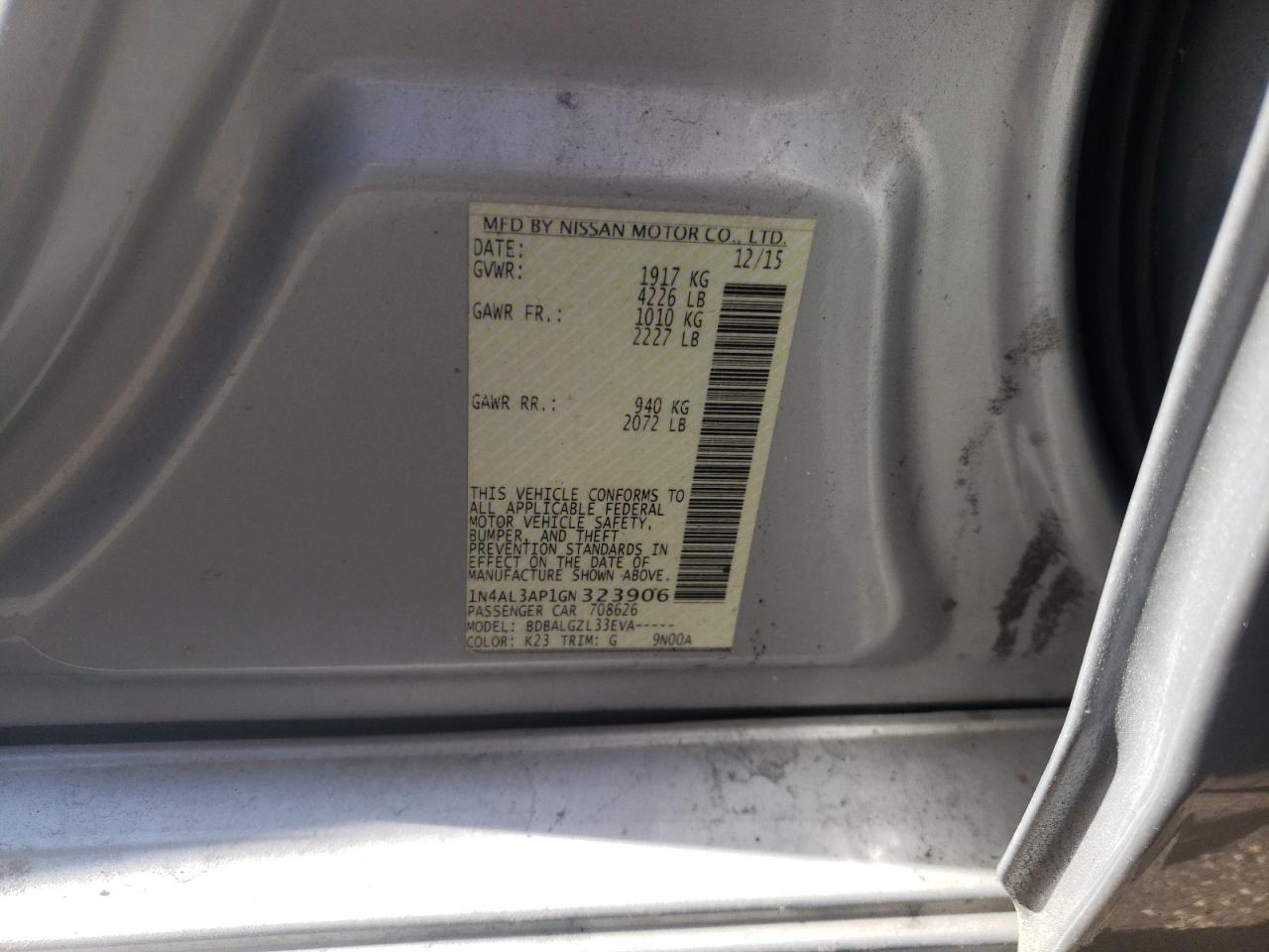 Photo 10 from auction – 2016 NISSAN ALTIMA 2.5 with VIN 1N4AL3AP1GN323906