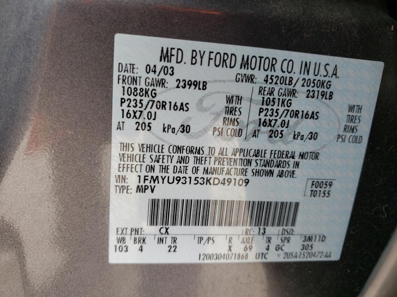 Photo 10 from auction – 2003 FORD ESCAPE XLT with VIN 1FMYU93153KD49109