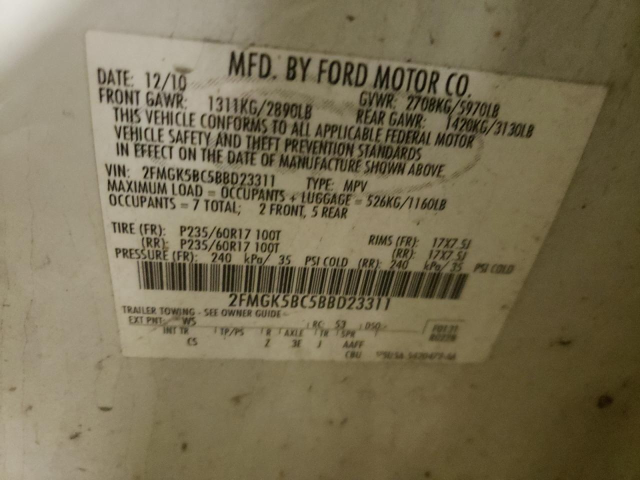 Photo 10 from auction – 2011 FORD FLEX SE with VIN 2FMGK5BC5BBD23311