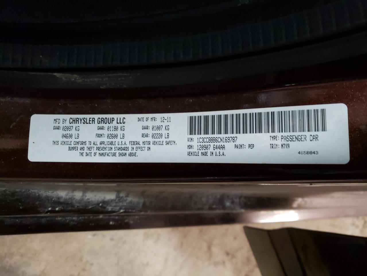 Photo 10 from auction – 2012 CHRYSLER 200 TOURIN with VIN 1C3CCBBB6CN169787