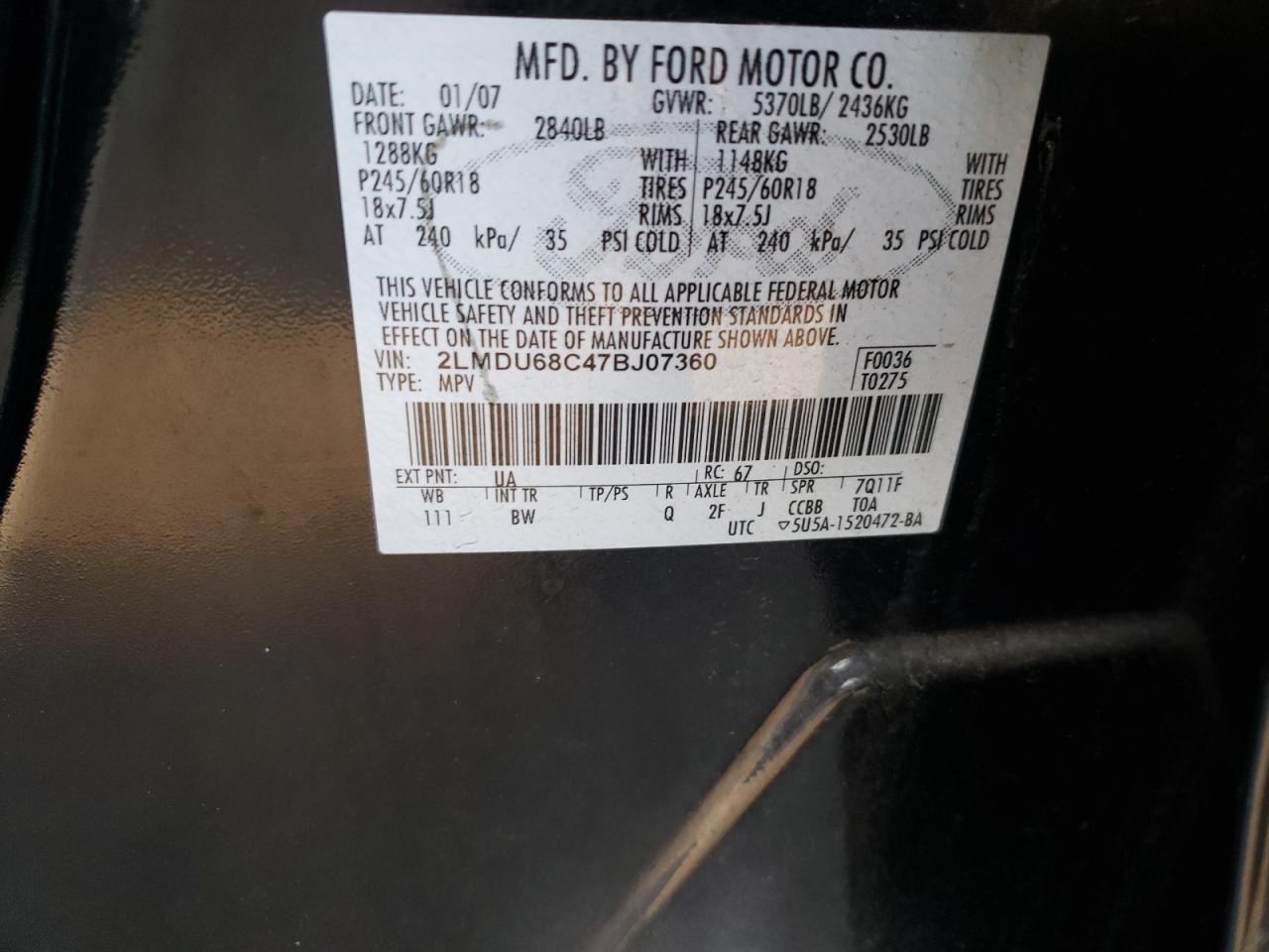 Photo 10 from auction – 2007 LINCOLN MKX with VIN 2LMDU68C47BJ07360