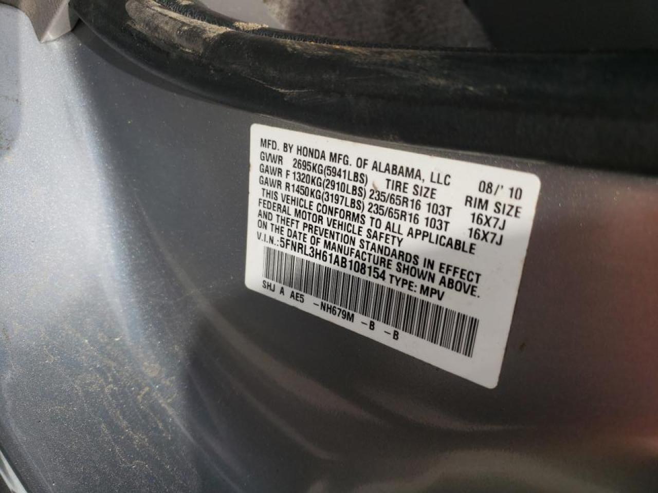 Photo 10 from auction – 2010 HONDA ODYSSEY EX with VIN 5FNRL3H61AB108154