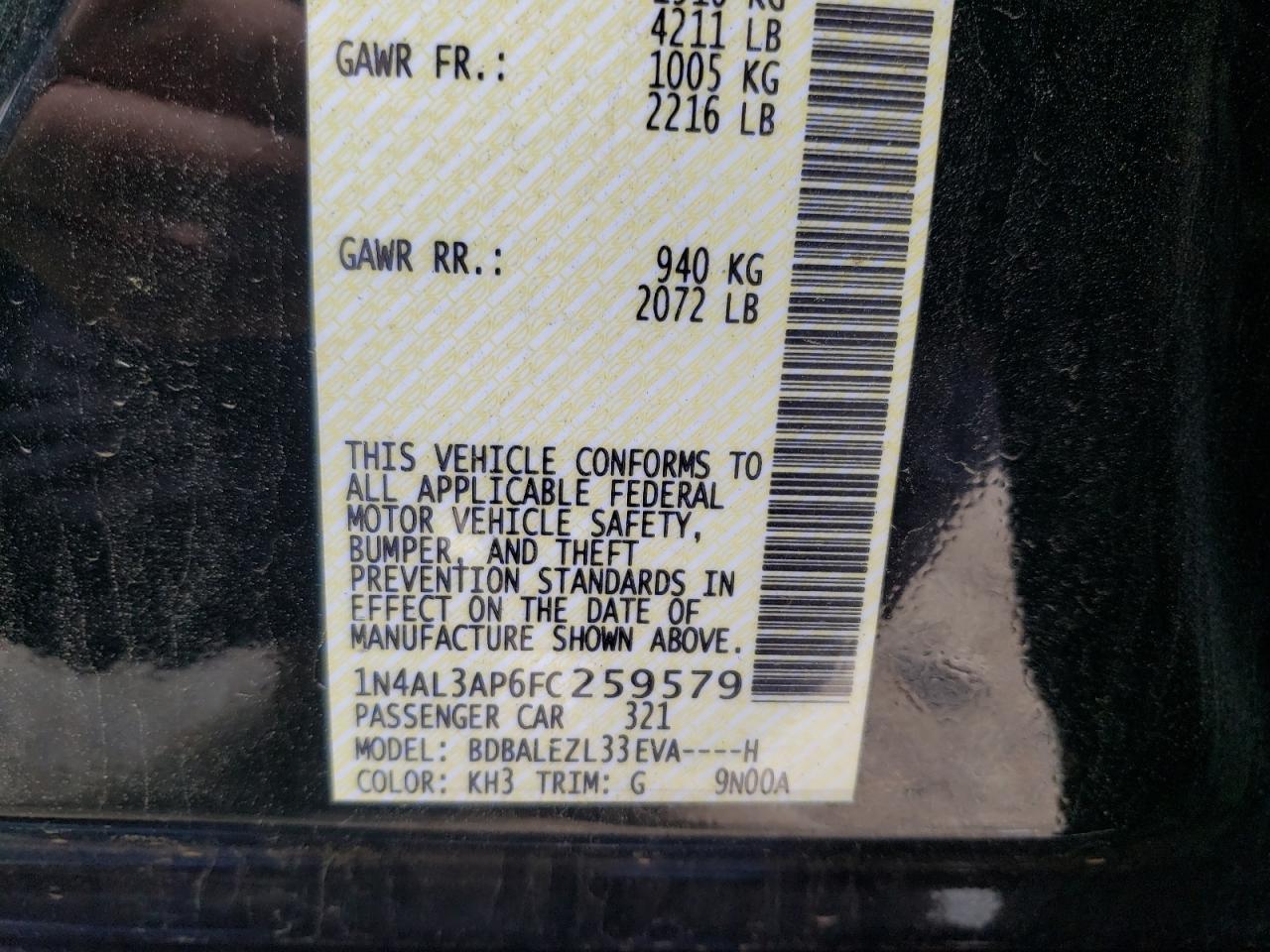 Photo 10 from auction – 2015 NISSAN ALTIMA 2.5 with VIN 1N4AL3AP6FC259579