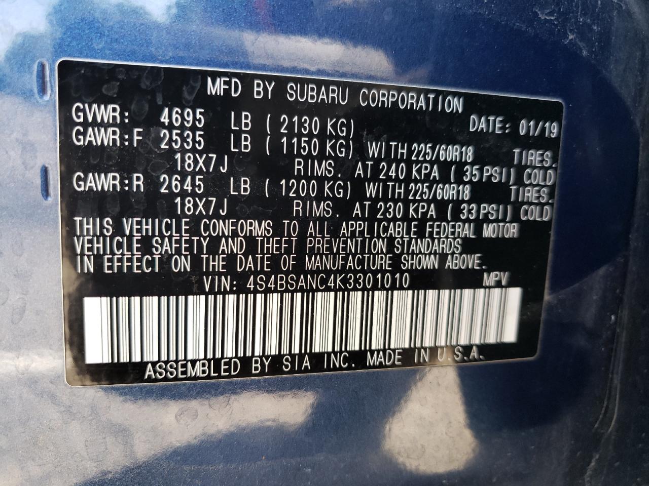 Photo 10 from auction – 2019 SUBARU OUTBACK 2. with VIN 4S4BSANC4K3301010