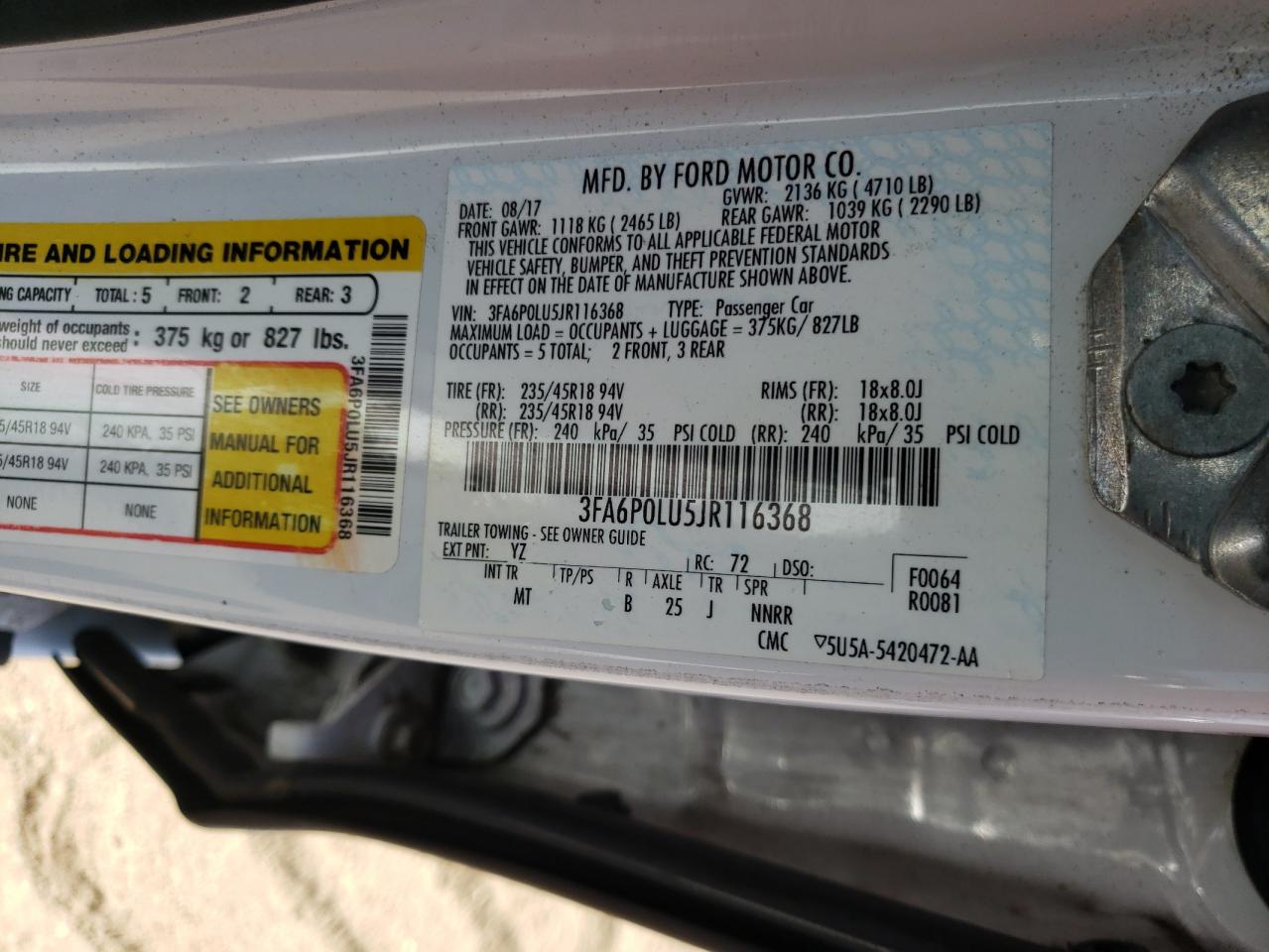 Photo 10 from auction – 2018 FORD FUSION SE with VIN 3FA6P0LU5JR116368