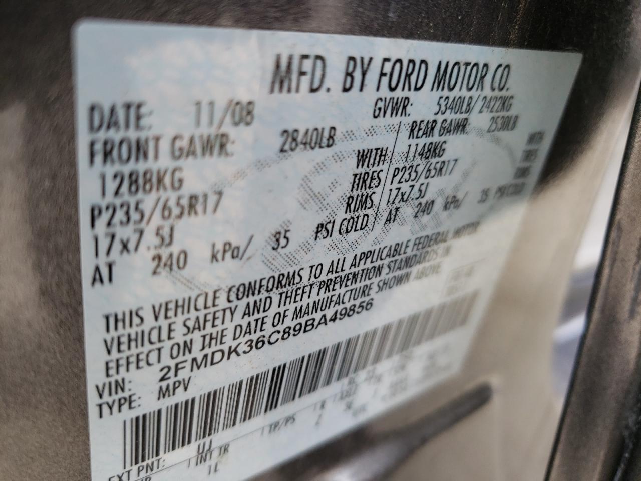 Photo 10 from auction – 2009 FORD EDGE SE with VIN 2FMDK36C89BA49856