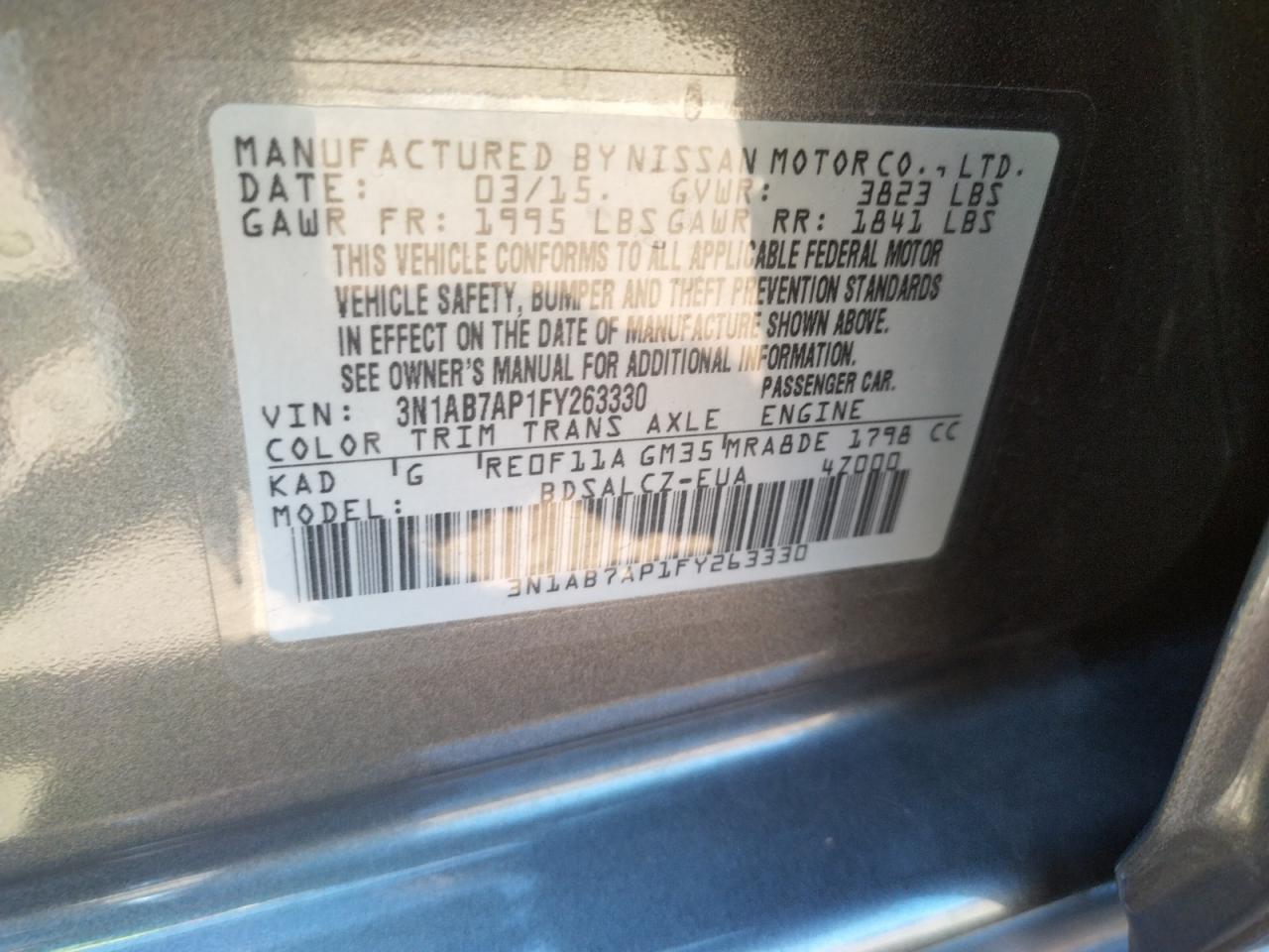 Photo 10 from auction – 2015 NISSAN SENTRA S with VIN 3N1AB7AP1FY263330