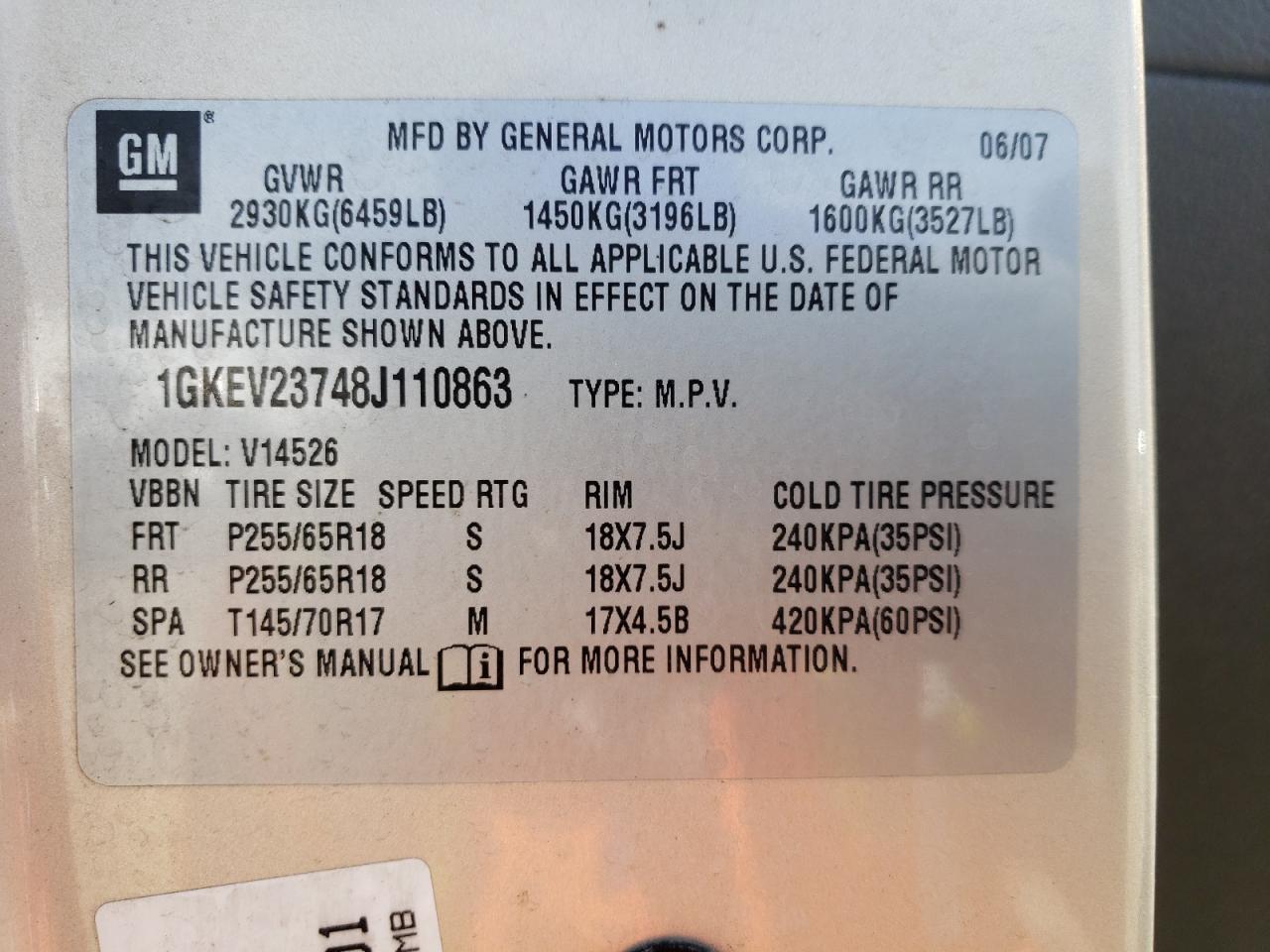Photo 10 from auction – 2008 GMC ACADIA SLT with VIN 1GKEV23748J110863