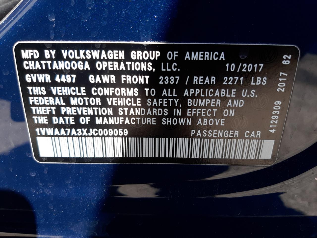 Photo 10 from auction – 2018 VOLKSWAGEN PASSAT S with VIN 1VWAA7A3XJC009059