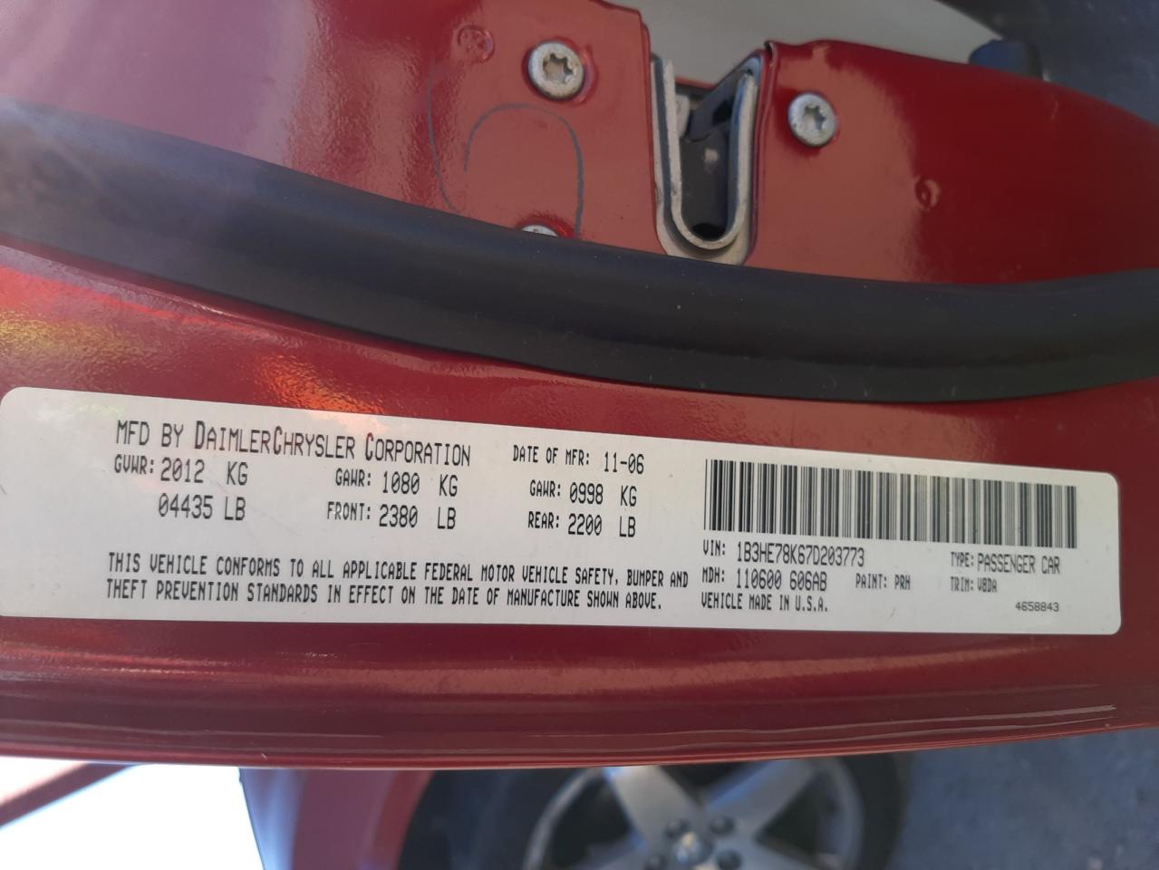 Photo 10 from auction – 2007 DODGE CALIBER R/ with VIN 1B3HE78K67D203773